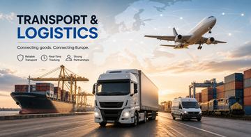 Proces transporta i logistike koji prikazuje kamione, skladišta i robu koja se kreće Europom u lancu opskrbe